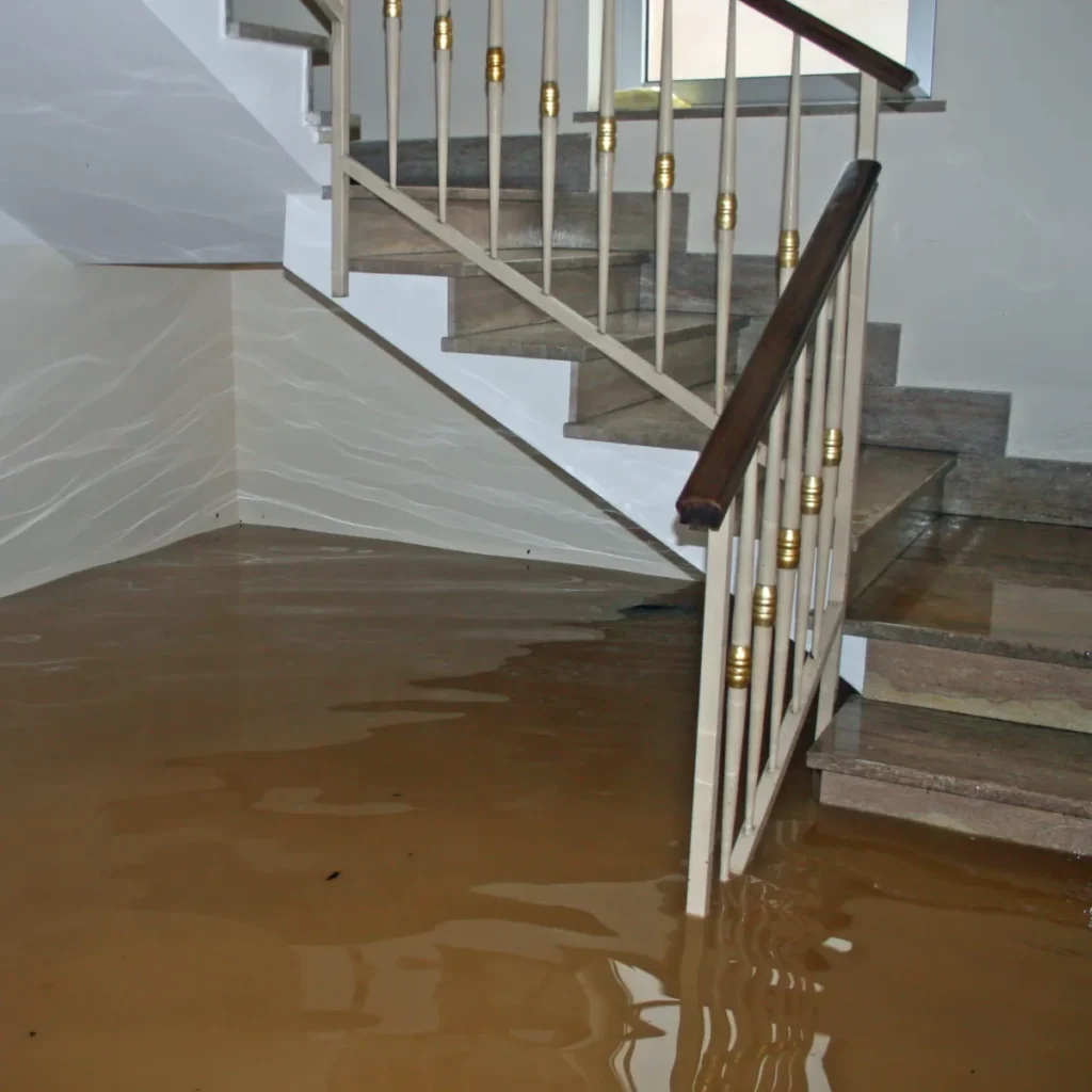 Brown floodwater surrounding the base of an interior staircase