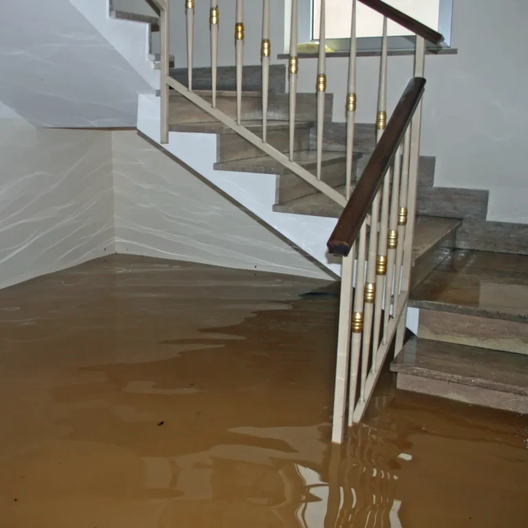 Brown floodwater surrounding the base of an interior staircase