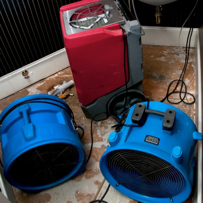 Air movers and a dehumidifier in a room during water damage drying