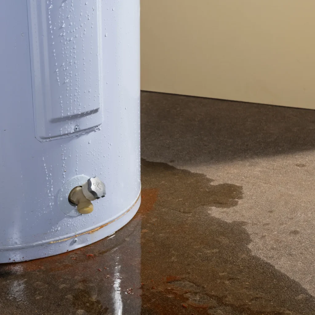 Water pooling on the floor around the base of a water heater